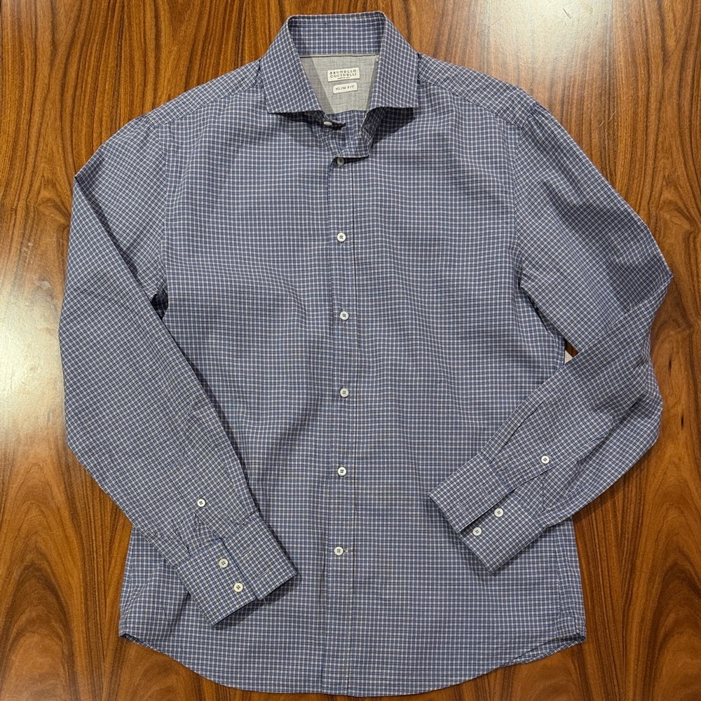 Brunello Cucinelli Men's Navy Checkered Dress Shirt